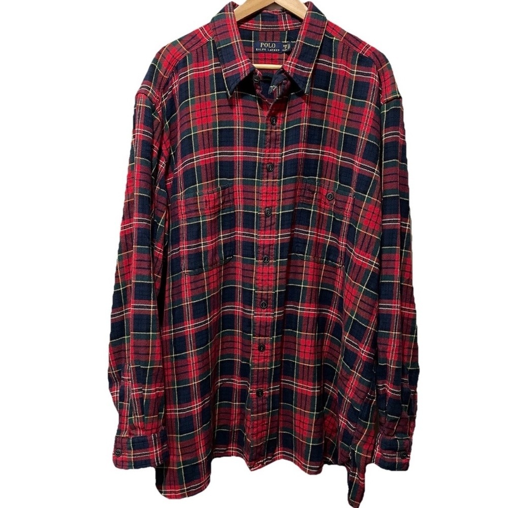 Polo Ralph Lauren Plaid Flannel‎ Shirt 2XB Big Tall Red Green Button Down